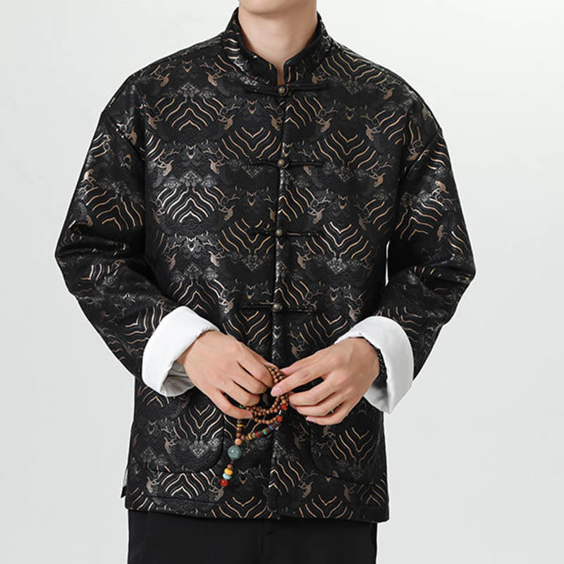 Nimara Ritual Frog-Button Chinese Tang Suit Wave Shape Long Shirt Men Jacket Clothing