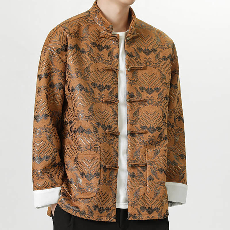 Nimara Ritual Frog-Button Chinese Tang Suit Wave Shape Long Shirt Men Jacket Clothing