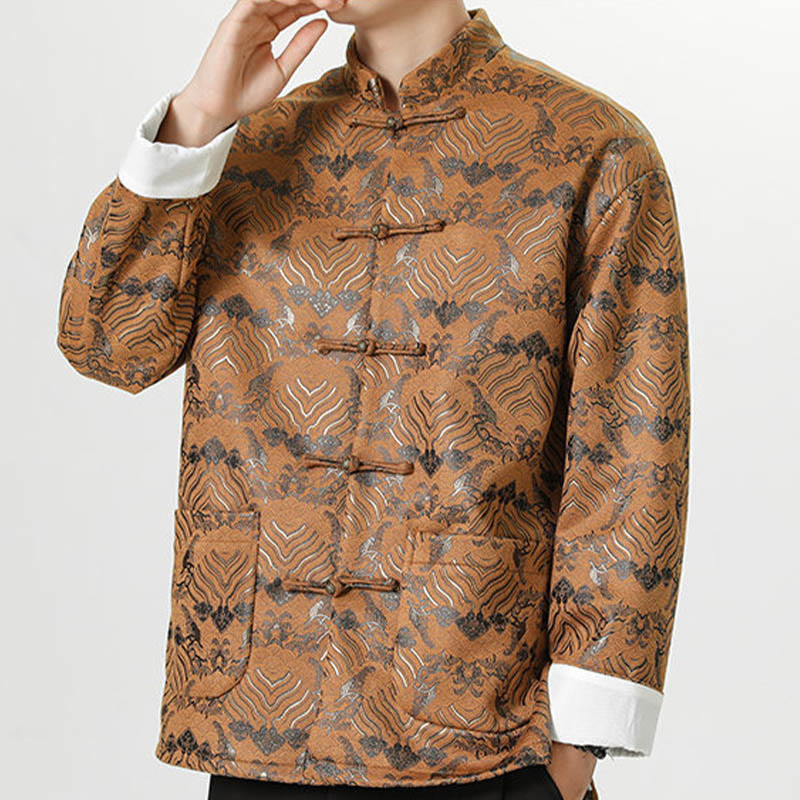Nimara Ritual Frog-Button Chinese Tang Suit Wave Shape Long Shirt Men Jacket Clothing