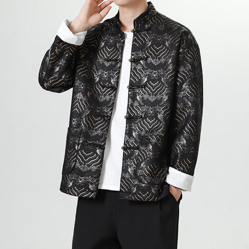Nimara Ritual Frog-Button Chinese Tang Suit Wave Shape Long Shirt Men Jacket Clothing