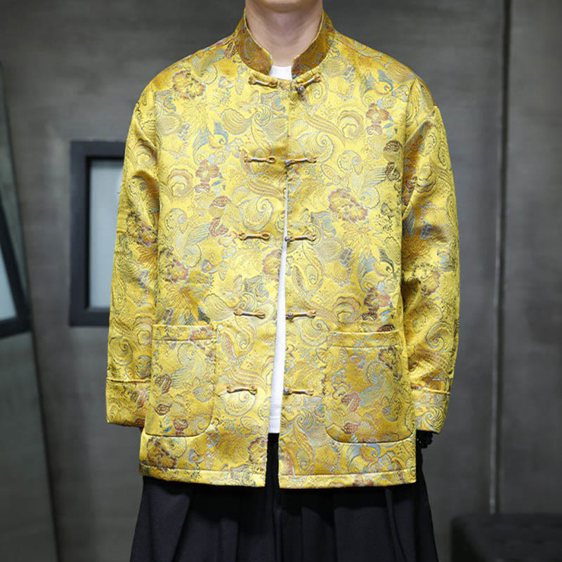 Nimara Ritual Frog-Button Chinese Tang Suit Stand Collar Long Shirt Men Jacket Clothing