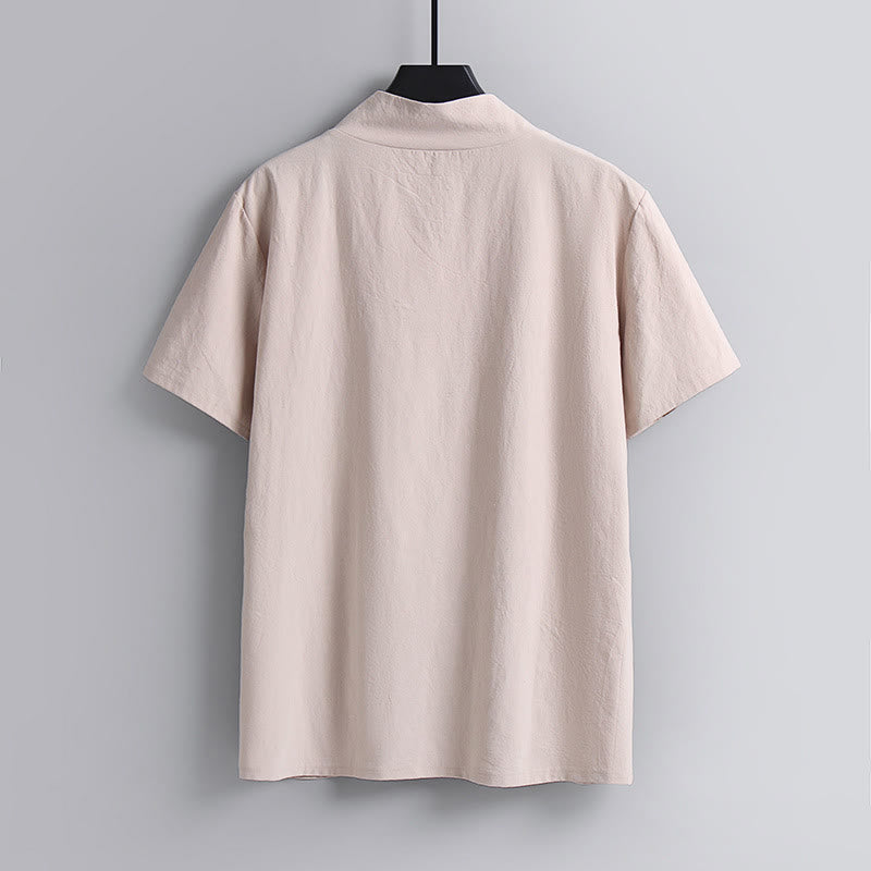 Nimara Ritual Loose Men's T-Shirt Solid Color Top Short Sleeve V Collar Breathable Cotton Linen Shirt