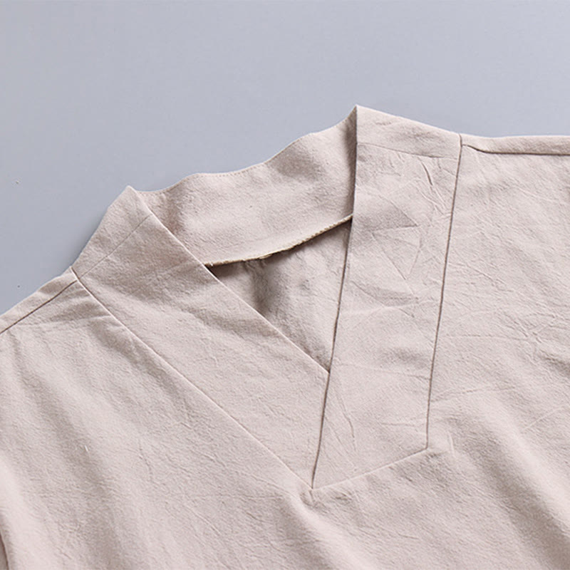 Nimara Ritual Loose Men's T-Shirt Solid Color Top Short Sleeve V Collar Breathable Cotton Linen Shirt