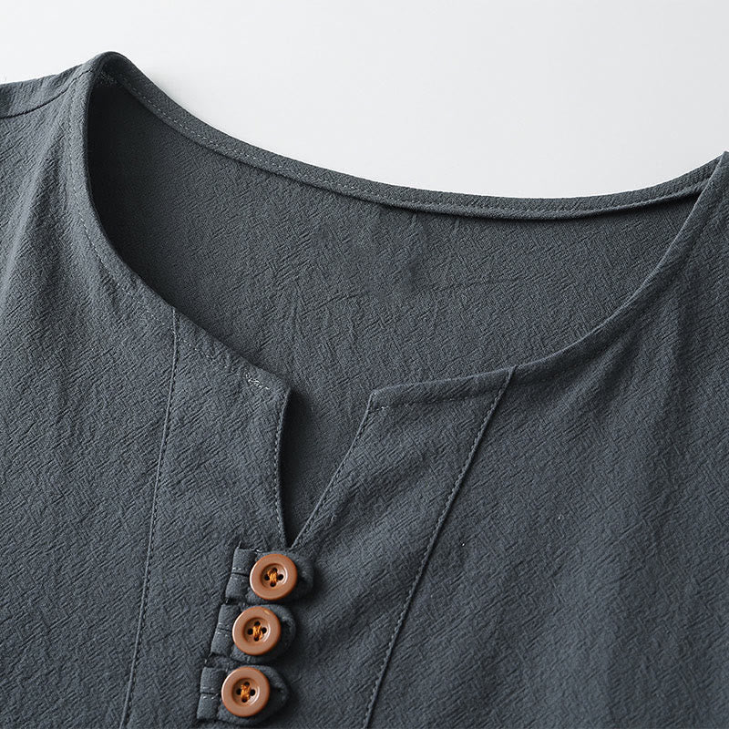 Nimara Ritual Men's T-Shirt Solid Color Top Short Sleeve Three-button V Collar Soft Cotton Shirt