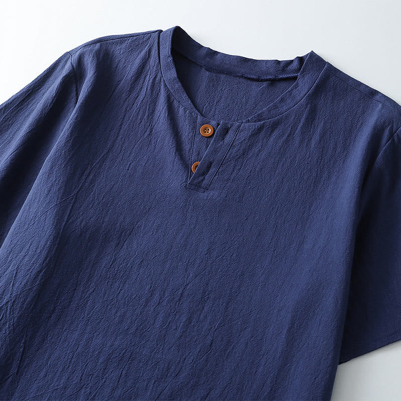 Nimara Ritual Loose Men's T-shirt Solid Color Top Short Sleeve Button Notched Neck Soft Shirt
