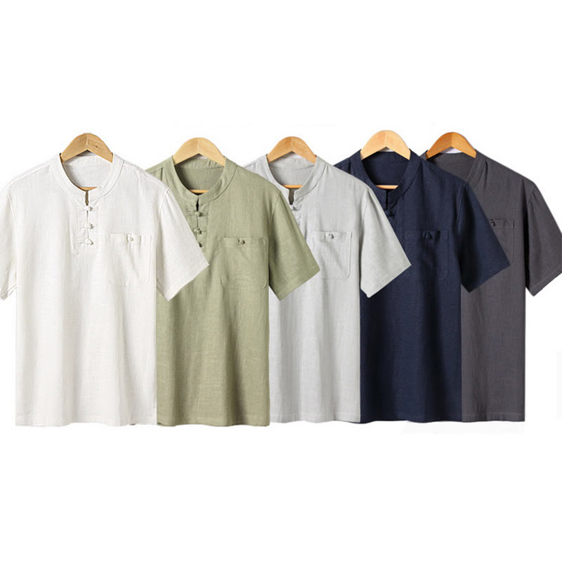 Nimara Ritual Loose Men's Shirt Solid Color Notched Neck Top Short Sleeve Comfy Button Breathable Cotton Linen Shirt