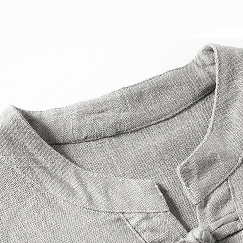 Nimara Ritual Loose Men's Shirt Solid Color Notched Neck Top Short Sleeve Comfy Button Breathable Cotton Linen Shirt