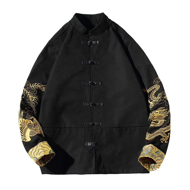 Nimara Ritual Embroider Dragon Phoenix Casual Frog-button Cotton Men's Jacket Shirt Clothing