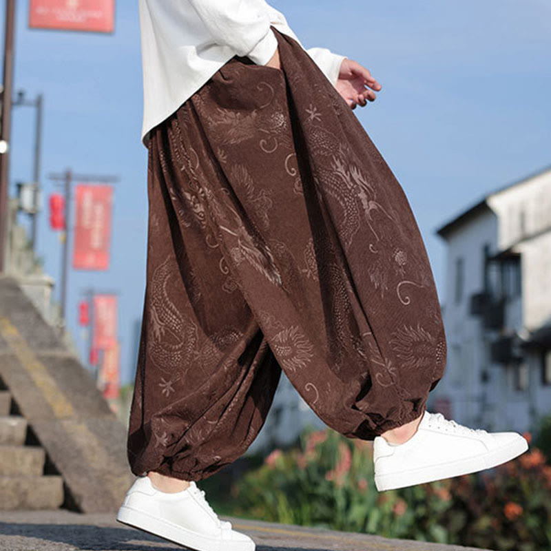 Nimara Ritual Dragon Design Casual Plain Cotton Men's Pants With Pockets