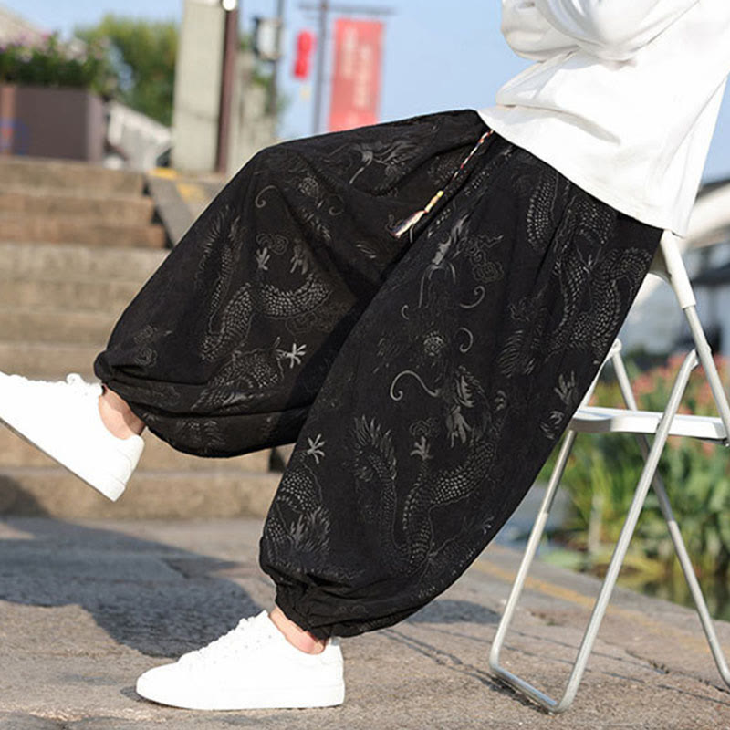 Nimara Ritual Dragon Design Casual Plain Cotton Men's Pants With Pockets