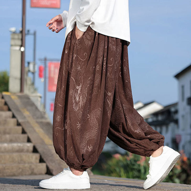 Nimara Ritual Dragon Design Casual Plain Cotton Men's Pants With Pockets