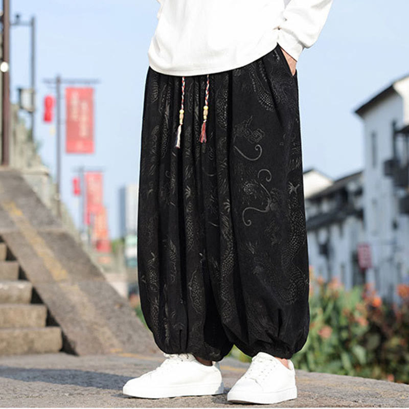 Nimara Ritual Dragon Design Casual Plain Cotton Men's Pants With Pockets