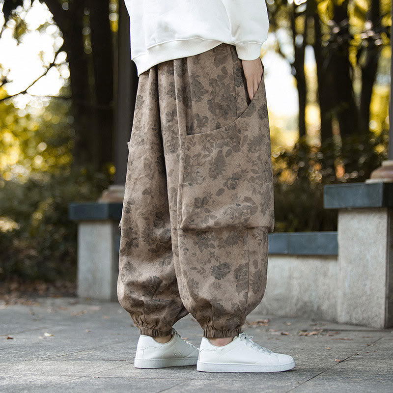 Nimara Ritual Casual Flower Corduroy Cotton Men's Pants With Big Pockets