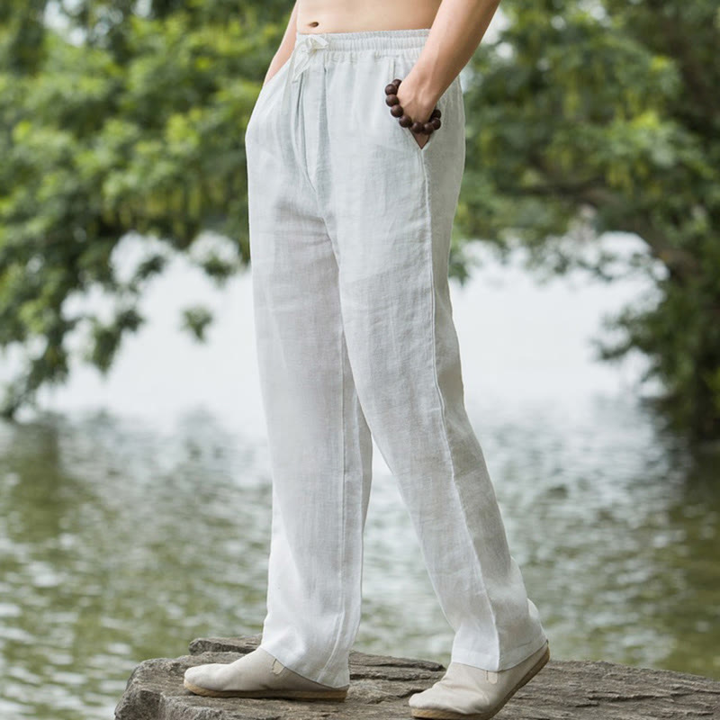 Nimara Ritual Solid Color Cotton Linen Men's Wide Leg Pants With Pockets
