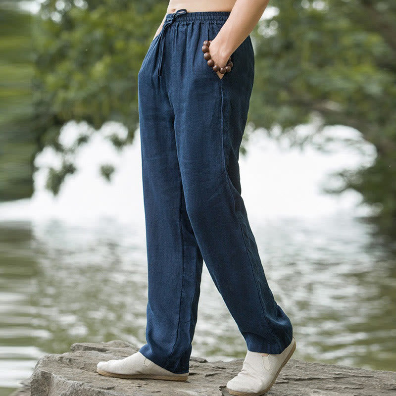 Nimara Ritual Solid Color Cotton Linen Men's Wide Leg Pants With Pockets
