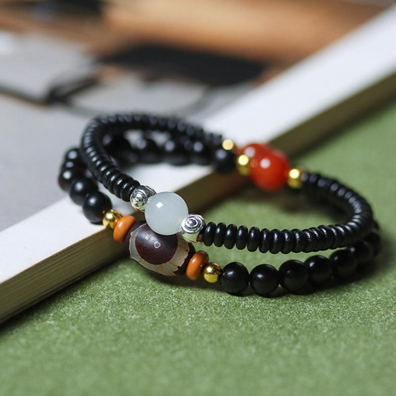 Nimara Ritual Ebony Sandalwood Green Sandalwood Dzi Bead Balance Calm Double Wrap Bracelet