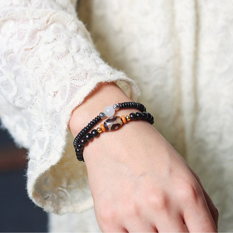 Nimara Ritual Ebony Sandalwood Green Sandalwood Dzi Bead Balance Calm Double Wrap Bracelet