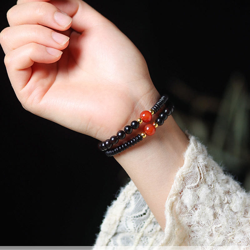 Nimara Ritual Ebony Sandalwood Green Sandalwood Dzi Bead Balance Calm Double Wrap Bracelet