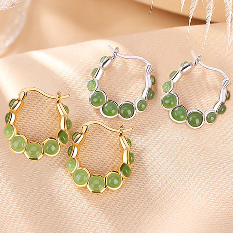 Nimara Ritual 925 Sterling Silver Plated Gold Hetian Cyan Jade Pea Ear Clip Prosperity Earrings