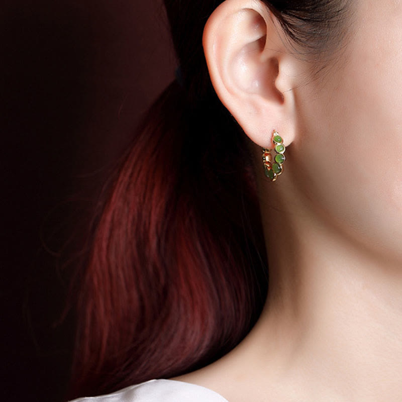 Nimara Ritual 925 Sterling Silver Plated Gold Hetian Cyan Jade Pea Ear Clip Prosperity Earrings