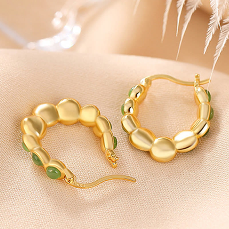 Nimara Ritual 925 Sterling Silver Plated Gold Hetian Cyan Jade Pea Ear Clip Prosperity Earrings