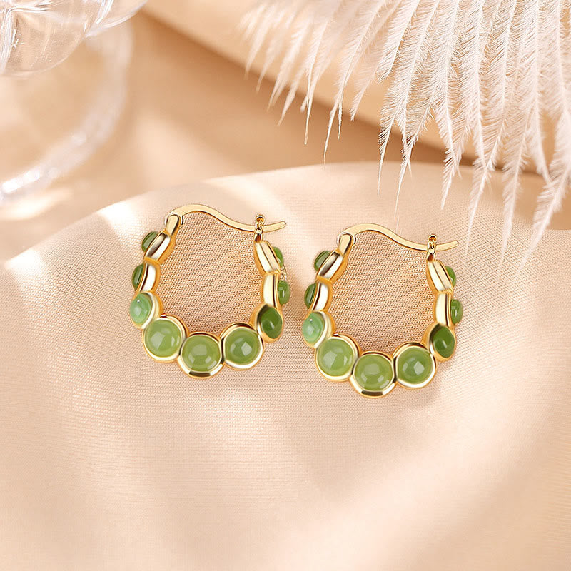 Nimara Ritual 925 Sterling Silver Plated Gold Hetian Cyan Jade Pea Ear Clip Prosperity Earrings