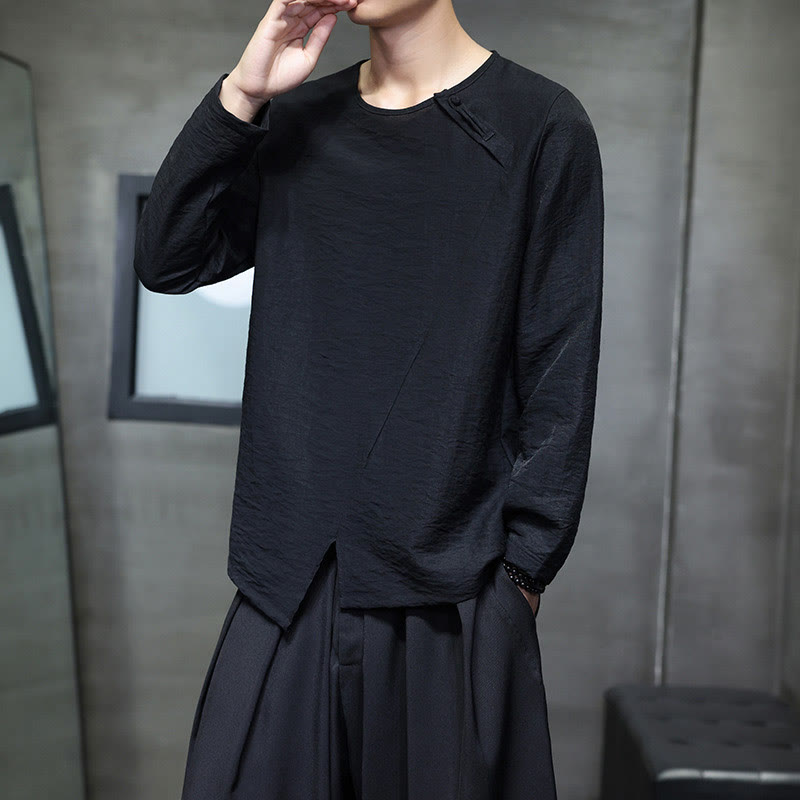 Nimara Ritual Solid Color Loose Long Sleeve Round Neck Men's Shirts