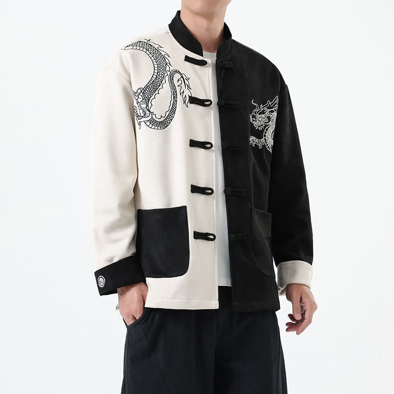 Nimara Ritual Dragon Embroidery Casual Frog-button Cotton Men's Jacket Shirt Clothing