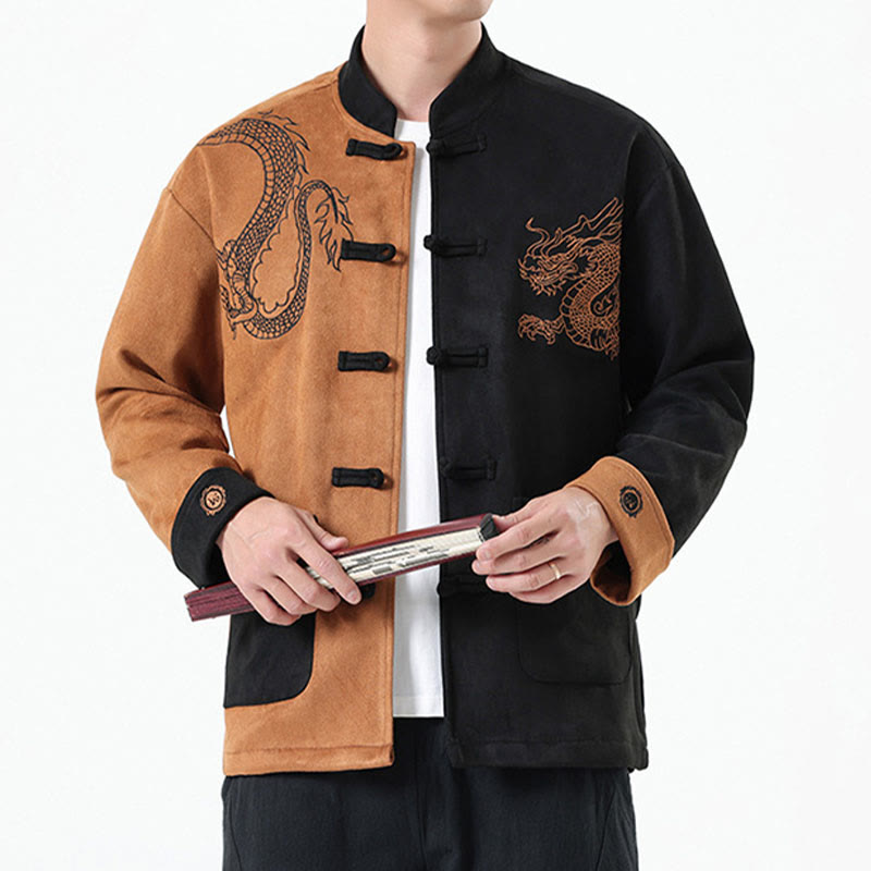 Nimara Ritual Dragon Embroidery Casual Frog-button Cotton Men's Jacket Shirt Clothing