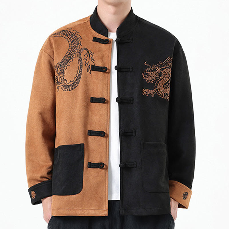 Nimara Ritual Dragon Embroidery Casual Frog-button Cotton Men's Jacket Shirt Clothing