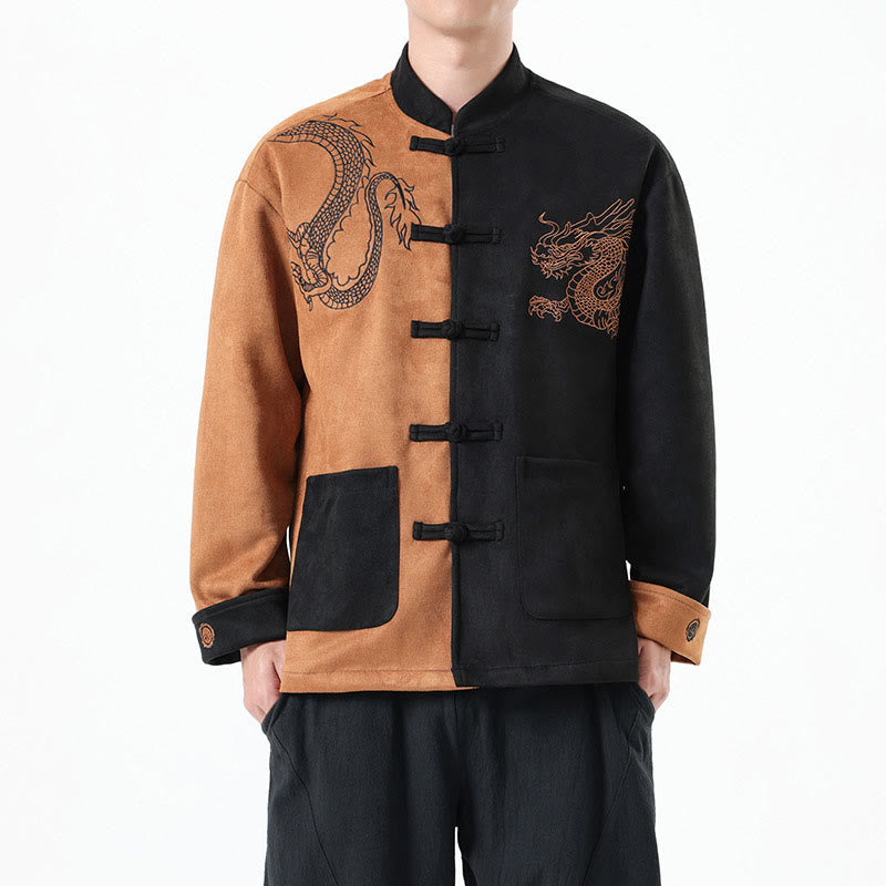Nimara Ritual Dragon Embroidery Casual Frog-button Cotton Men's Jacket Shirt Clothing