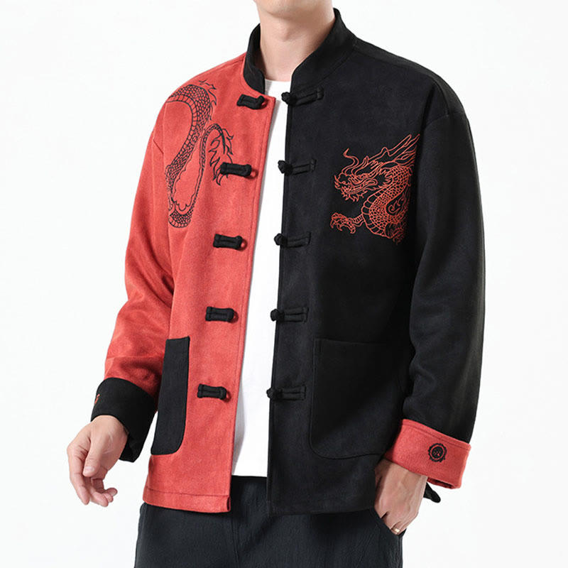 Nimara Ritual Dragon Embroidery Casual Frog-button Cotton Men's Jacket Shirt Clothing
