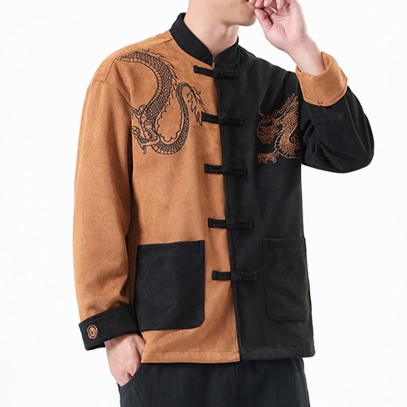 Nimara Ritual Dragon Embroidery Casual Frog-button Cotton Men's Jacket Shirt Clothing