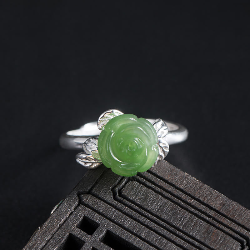 Nimara Ritual 925 Sterling Silver Jade Green Rose Luck Adjustable Ring