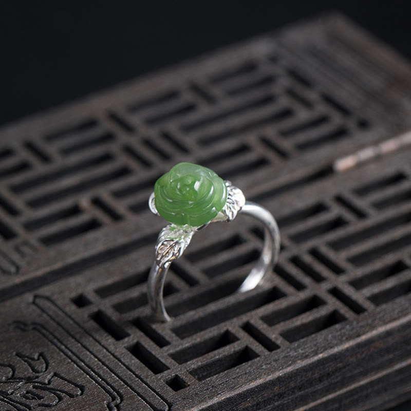 Nimara Ritual 925 Sterling Silver Jade Green Rose Luck Adjustable Ring
