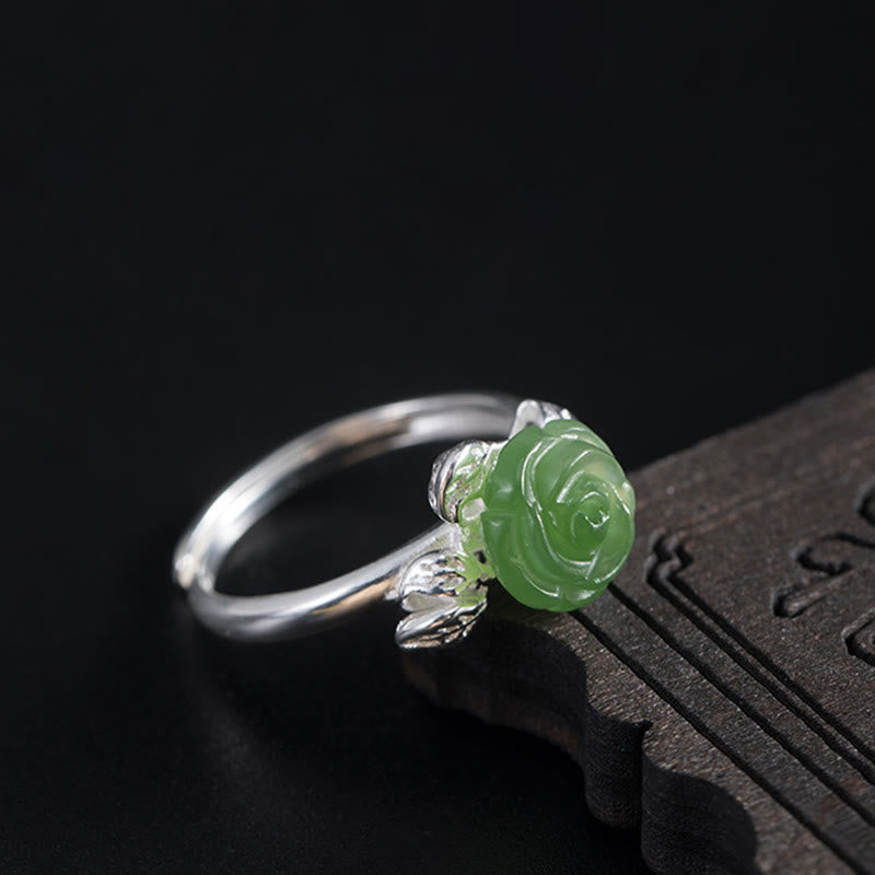 Nimara Ritual 925 Sterling Silver Jade Green Rose Luck Adjustable Ring