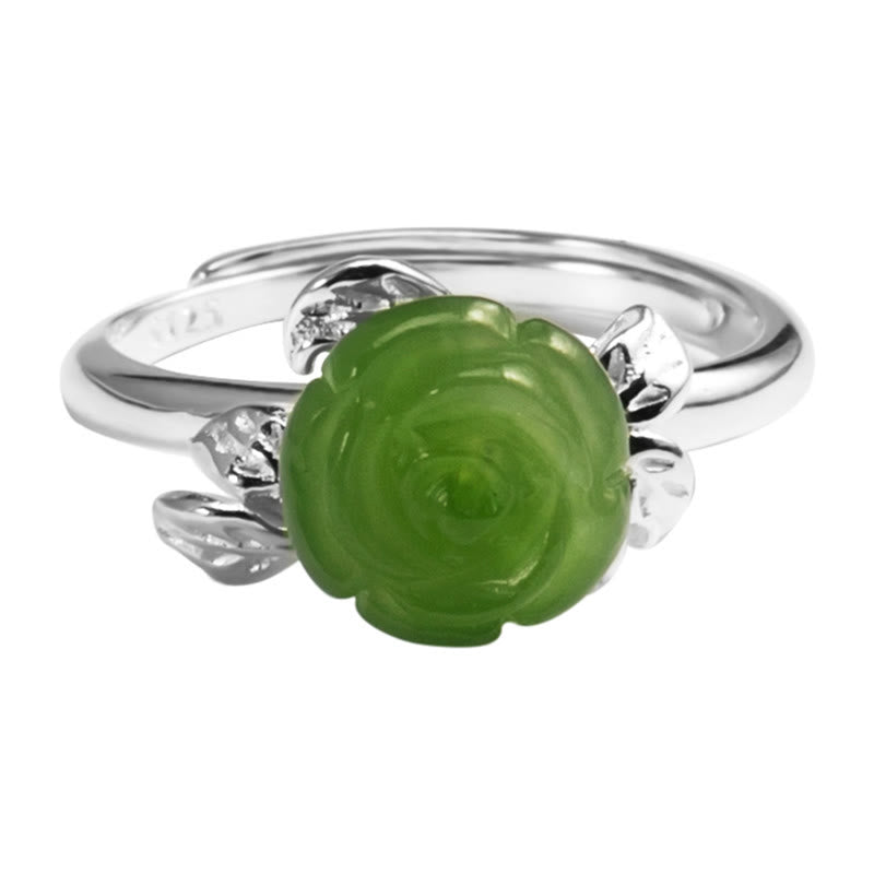 Nimara Ritual 925 Sterling Silver Jade Green Rose Luck Adjustable Ring