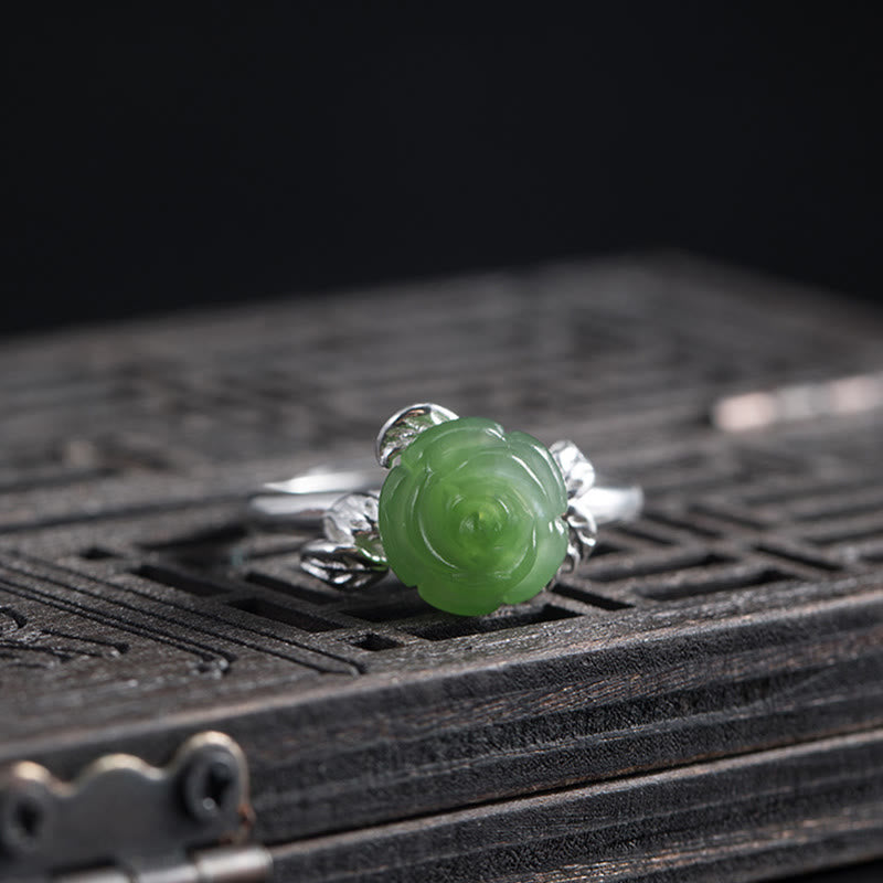 Nimara Ritual 925 Sterling Silver Jade Green Rose Luck Adjustable Ring