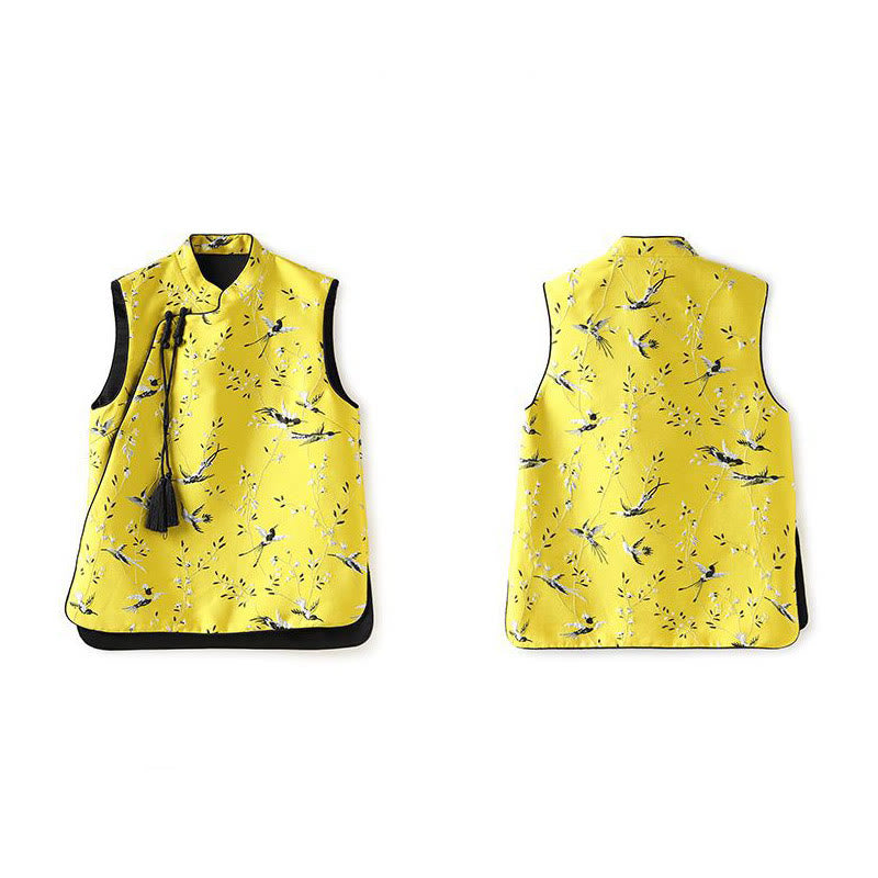 Nimara Ritual Vintage Embroidery Crane Plants Pattern Knot Button Vest