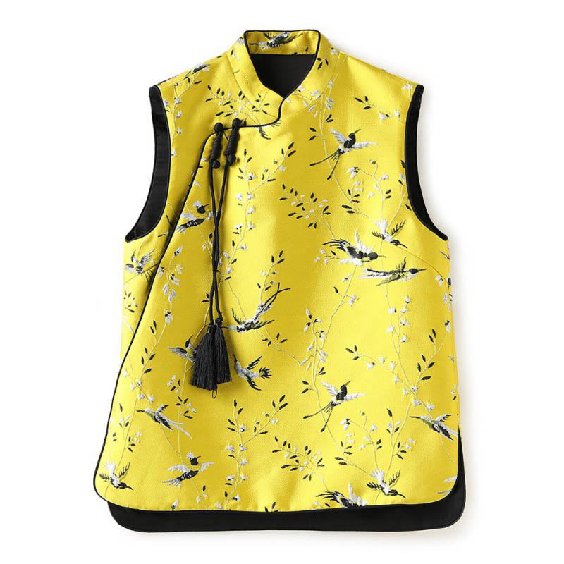 Nimara Ritual Vintage Embroidery Crane Plants Pattern Knot Button Vest
