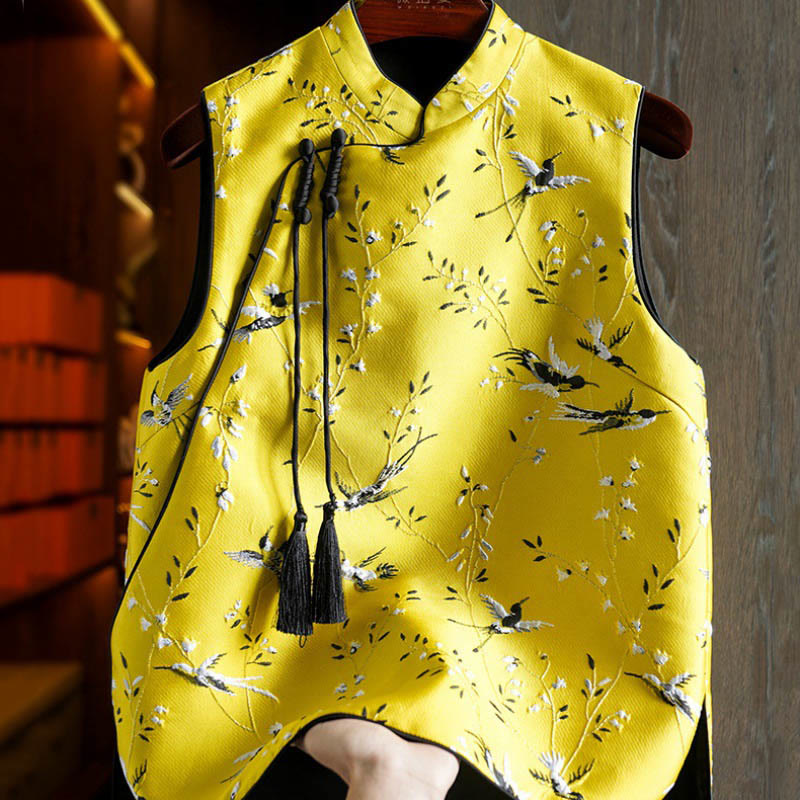 Nimara Ritual Vintage Embroidery Crane Plants Pattern Knot Button Vest