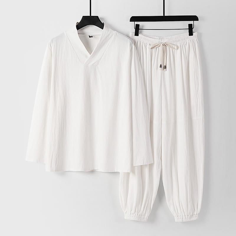 Nimara Ritual Cross-Collars Cropped Bloomers Cotton Tang Suit Hanfu Top Pants Clothing Men's Set
