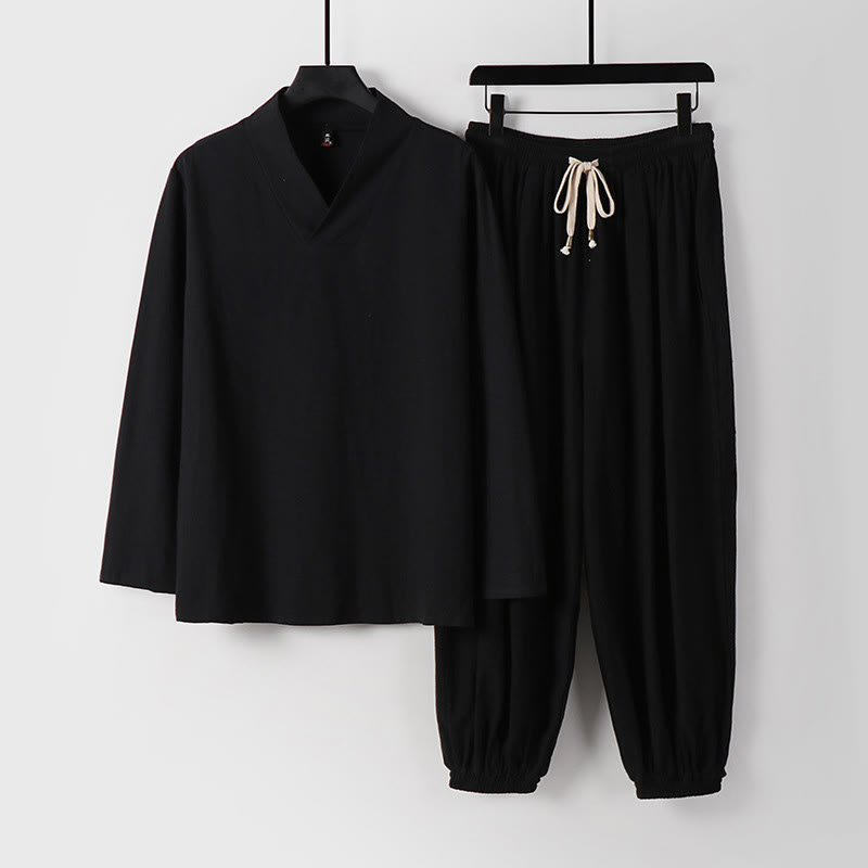 Nimara Ritual Cross-Collars Cropped Bloomers Cotton Tang Suit Hanfu Top Pants Clothing Men's Set