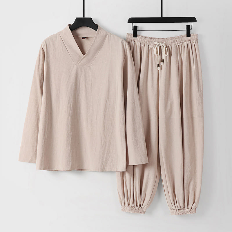 Nimara Ritual Cross-Collars Cropped Bloomers Cotton Tang Suit Hanfu Top Pants Clothing Men's Set