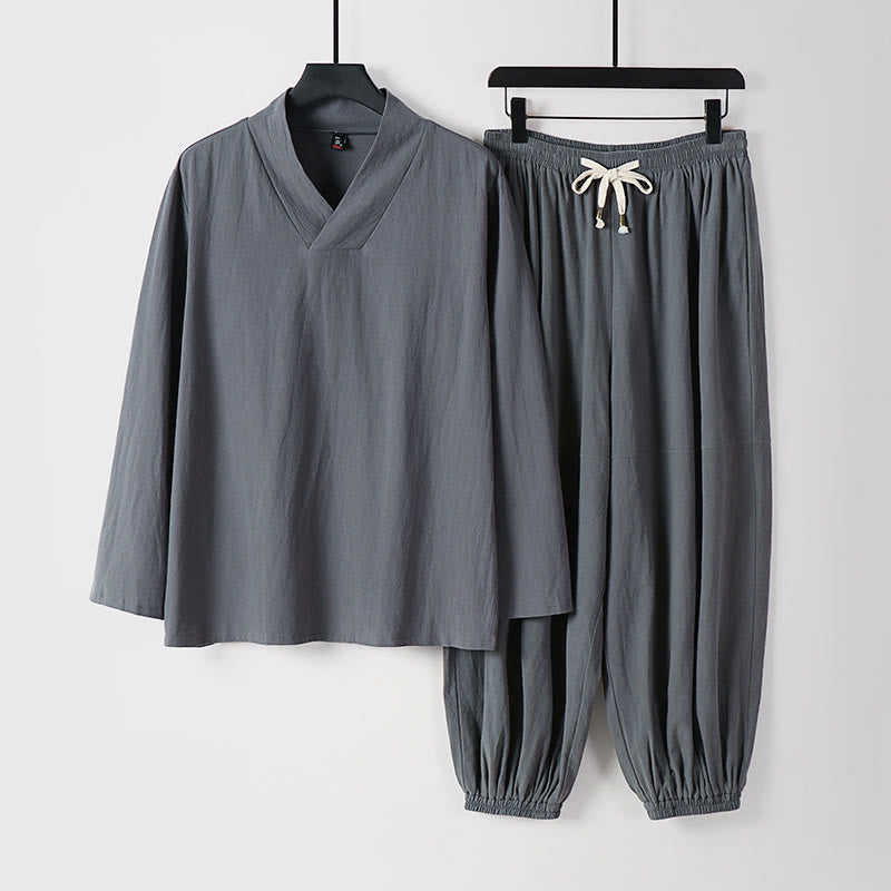 Nimara Ritual Cross-Collars Cropped Bloomers Cotton Tang Suit Hanfu Top Pants Clothing Men's Set