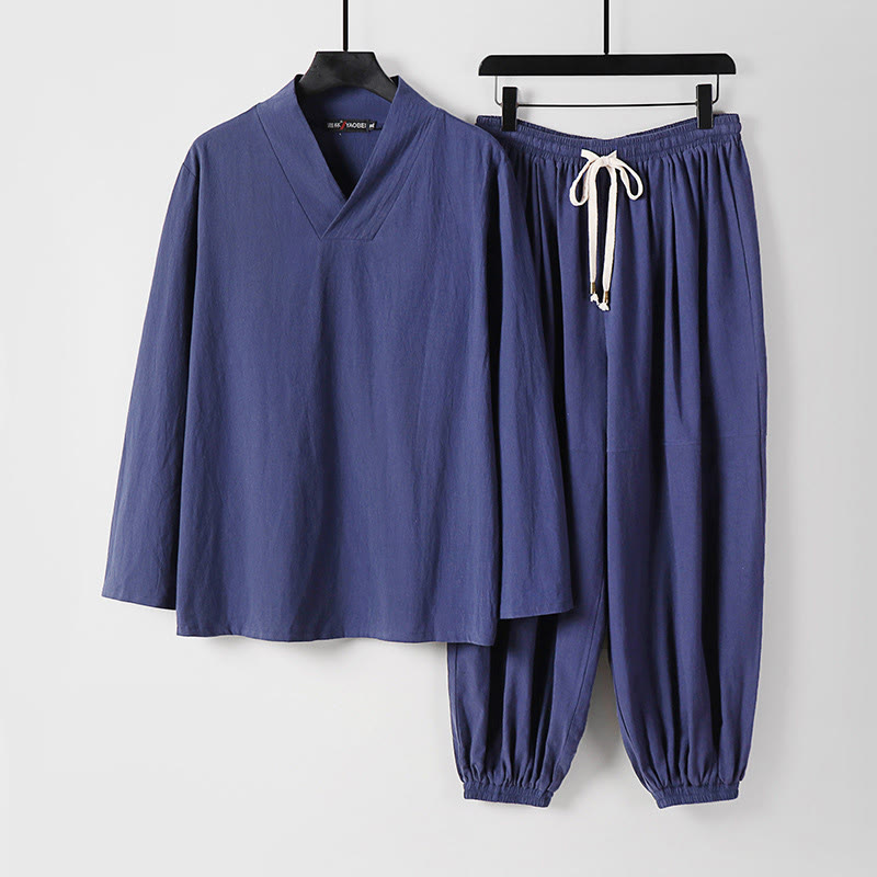 Nimara Ritual Cross-Collars Cropped Bloomers Cotton Tang Suit Hanfu Top Pants Clothing Men's Set