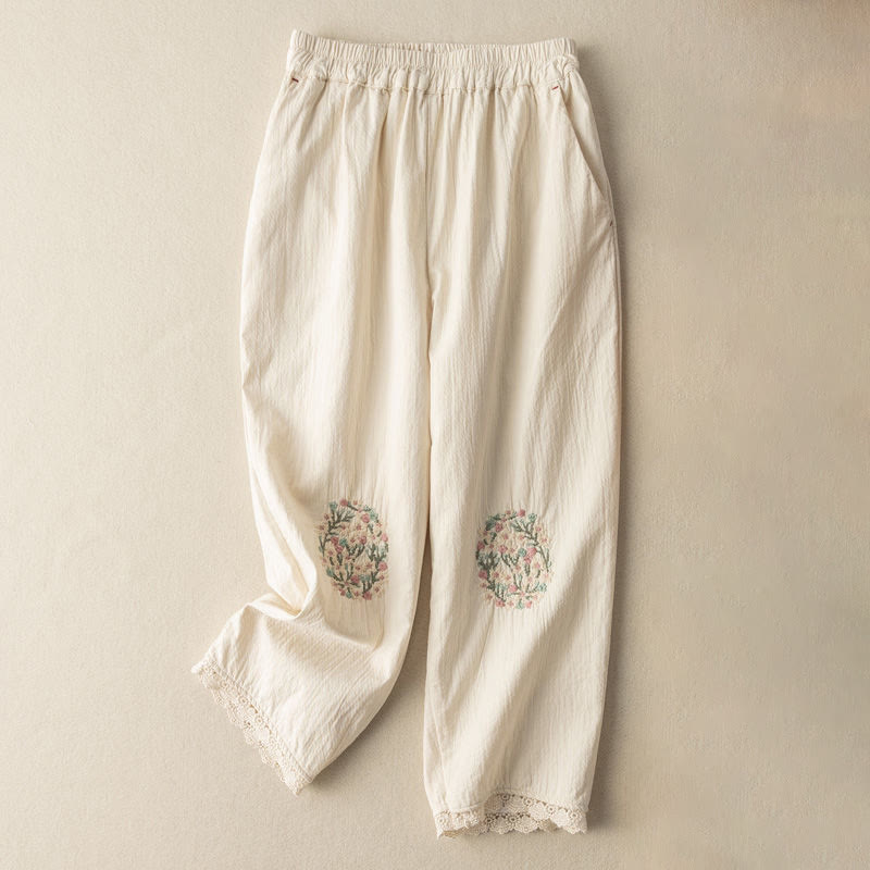 Nimara Ritual Casual Lace Trim Embroidered Harem Pants With Pockets