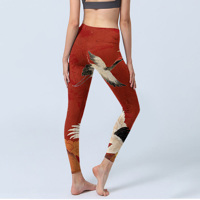 Nimara Ritual Crane Print Lycra Fabric Fitness Leggings Women's Yoga Pants