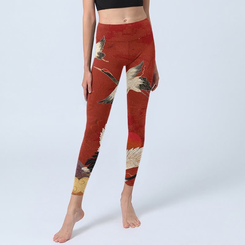 Nimara Ritual Crane Print Lycra Fabric Fitness Leggings Women's Yoga Pants