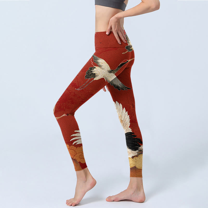 Nimara Ritual Crane Print Lycra Fabric Fitness Leggings Women's Yoga Pants